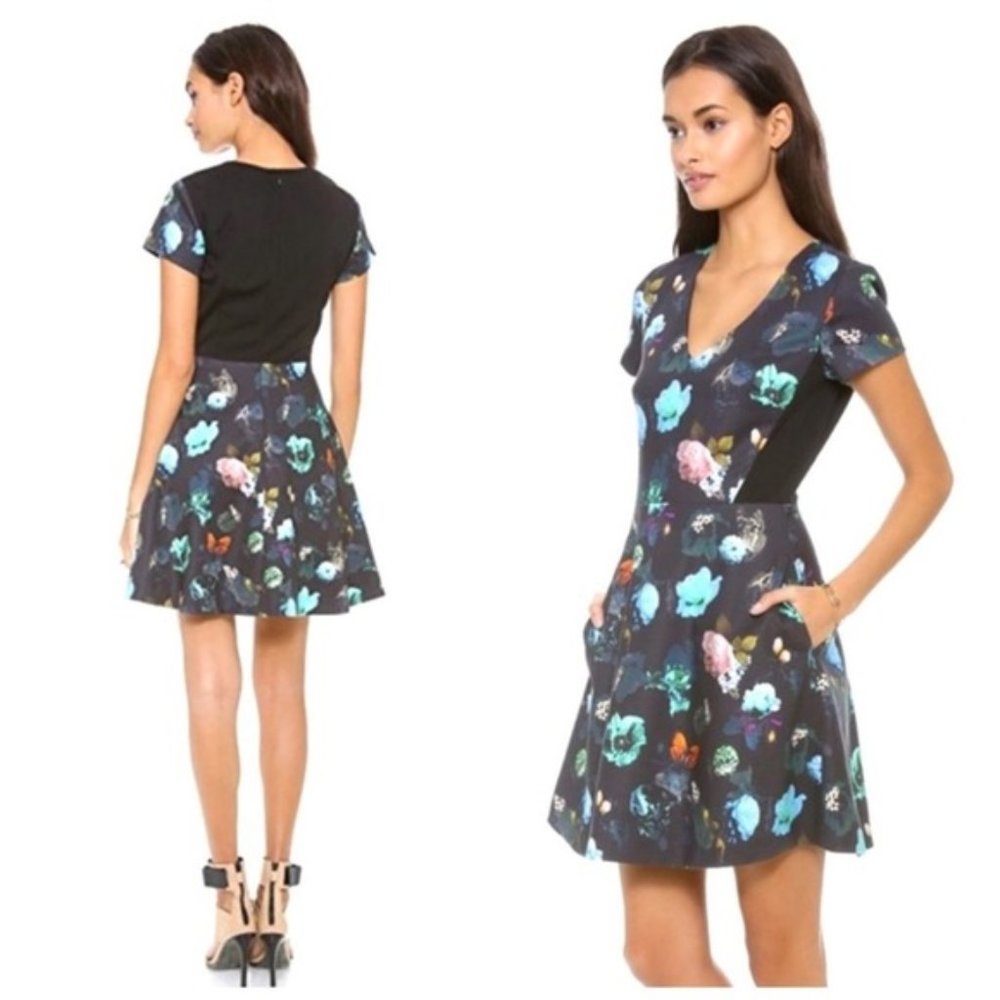 Club Monaco black Aurelie Floral Fit and Flare Dress size 0